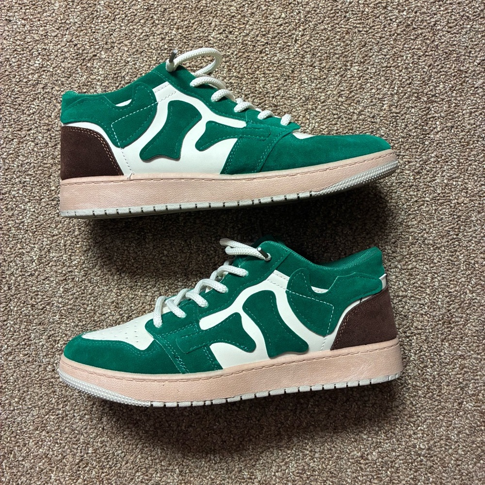Green and White Sneakers with Brown Accents